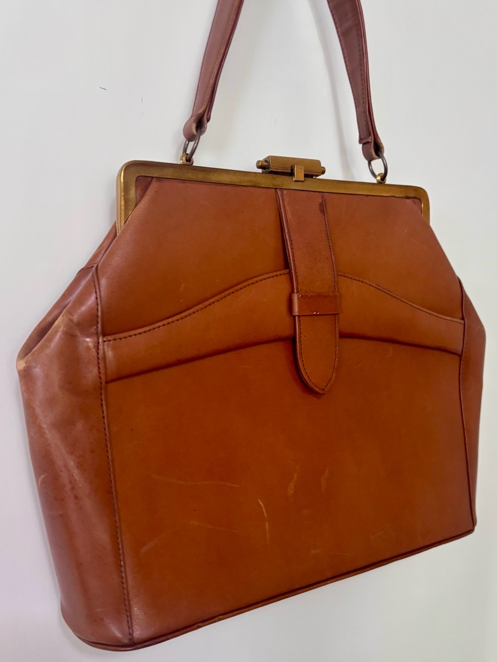 Letisse| Vintage Cognac Genuine Leather Frame Top Handle Handbag Satchel 60s 70s - Picture 4 of 8